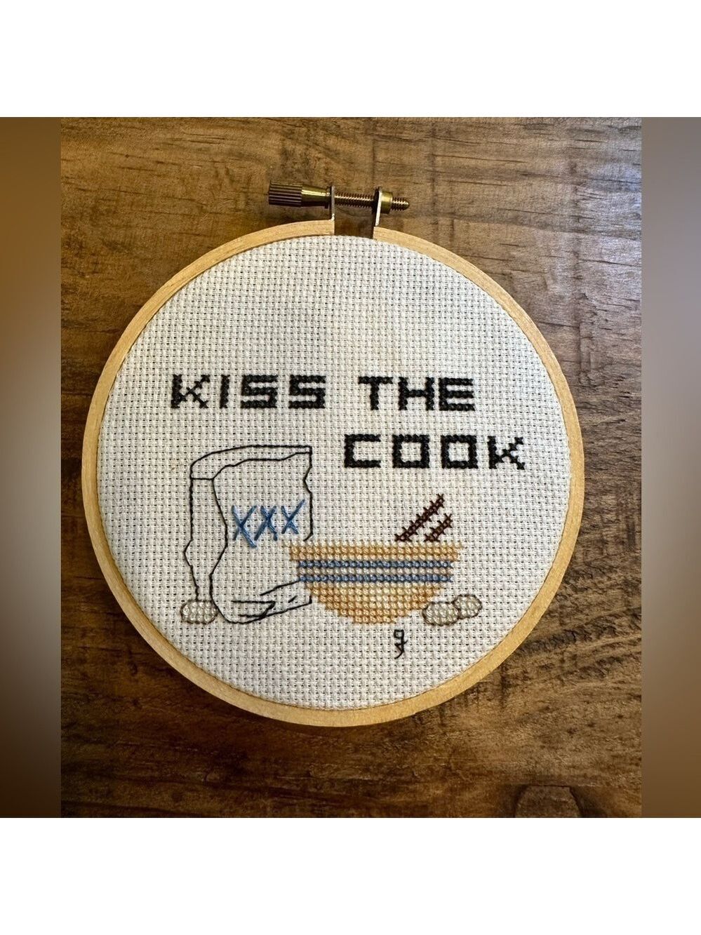 Kiss the Cook Completed Cross stitch embroidery panel ready for hanging NWOT